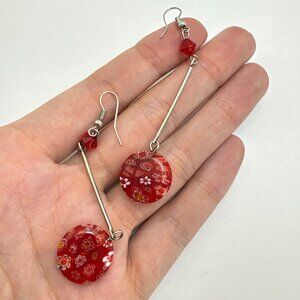 Artisan Glass Flower Design Dangle Earrings Silver Tone Size 3" Length